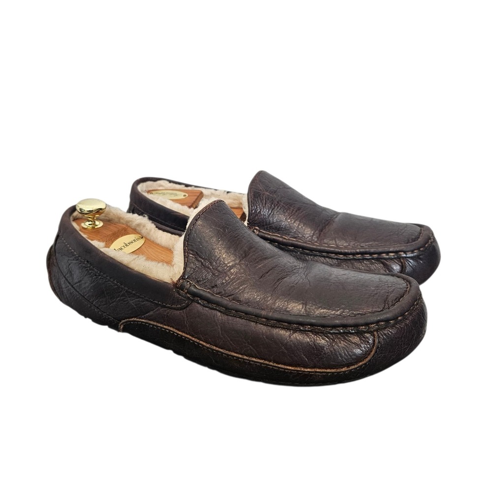 UGG Ascot Leather Sheepskin Slip-On Loafer Slippers Brown Men's Size 11 #5379